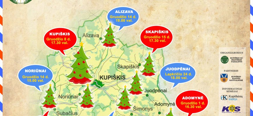 Kalėdinių eglučių įžiebimų žemėlapis Kupiškio mieste ir rajone