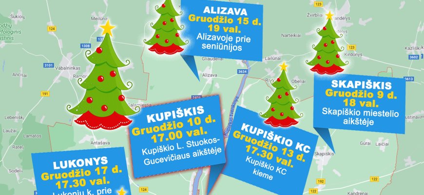 Kalėdinių eglių įžiebimo žemėlapis Kupiškio mieste ir rajone