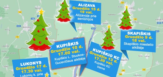 Kalėdinių eglių įžiebimo žemėlapis Kupiškio mieste ir rajone